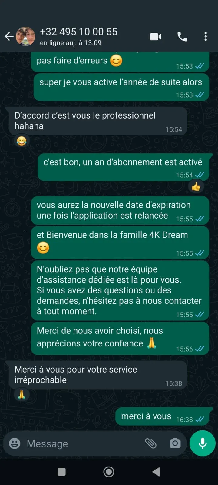 Preuve de support humain 4KPrime sur WhatsApp